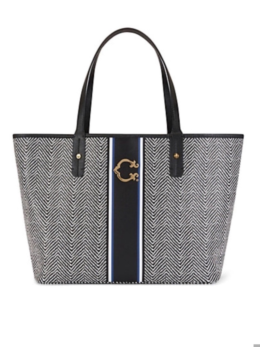 C. Wonder Black, Blue & White Herringbone Tote with Stripe Accent